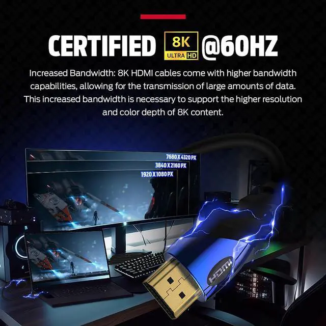Alt view image 3 of 7 - 8K HDMI Cable  Xbox Series X & PlayStation 5 HDMI Cable w/ 24K Gold Contacts & V-Grip 48 Gbps Speed 60/120 Hz Refresh Rate Dynamic HDR & eARC for Superior Visuals & Audio (12 FT)