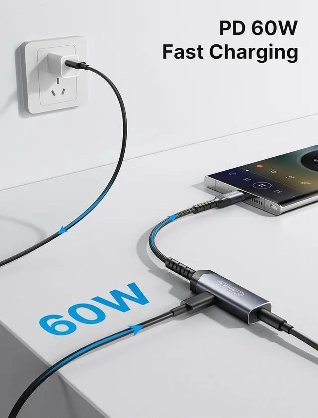 Alt view image 3 of 7 - USB C to 3.5mm Headphone and Charger Adapter 2-in-1 AUX Mic Jack with PD 60W Fast Charging Compatible for Earphones iPhone 15 Pro Max/15 Pro/15 Plus/15  S24/S24+/S23/S22/S21 iPad Pro