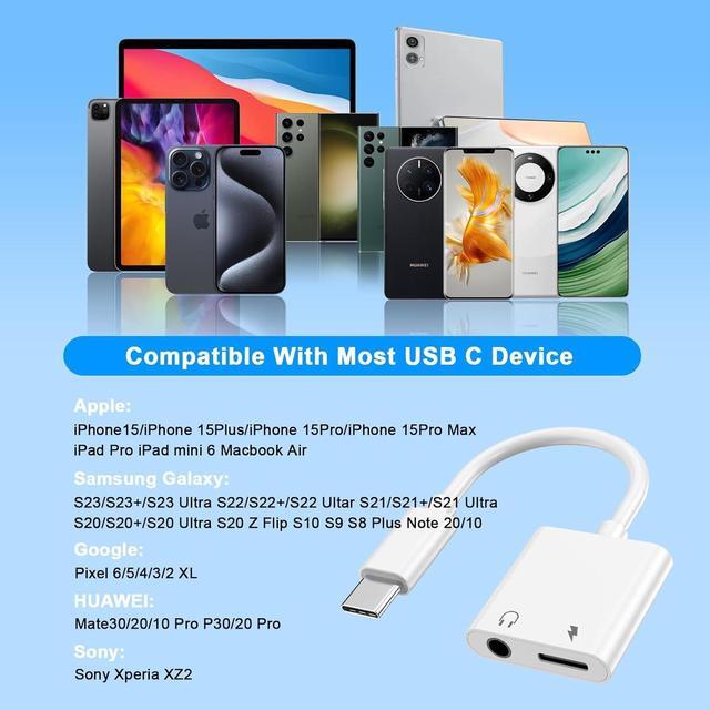 Alt view image 2 of 7 - USB C to 3.5mm Headphone and Charger Adapter 2-Pack,2-in-1 USB Type C to Aux Audio Jack and PD Fast Charging Dongle Cable Cord for iPhone 15 Pro Max Plus,Galaxy S20 S21 S22 S23 Ultra,iPad Pro,Pixel