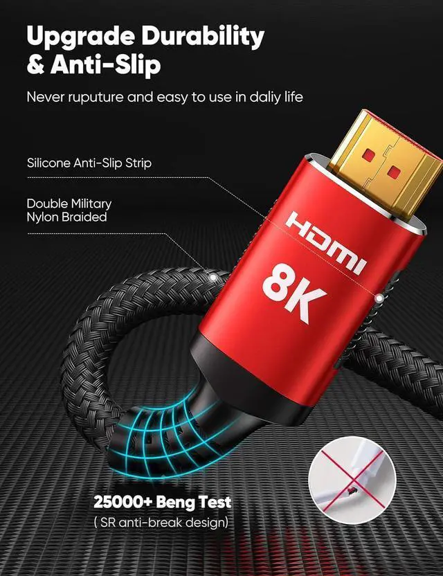 Alt view image 4 of 7 - 8K HDMI Cable 2.1 Long 15FT 2-Pack Ultra 48Gbps High Speed 8K@60Hz 4K@120Hz 144Hz Braided Black HDMI Cord HDCP 2.2&2.3 eARC HDR10 Dynamic HDR Compatible with TV/PS-5/HDTV