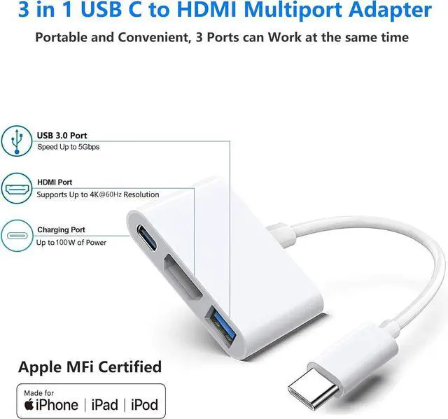 Alt view image 2 of 7 - USB-C Digital AV Multiport Adapter  MFi Certified Digital AV Dongle with HDMI 4K@60Hz & USB-A 3.0 & 100W Charge for iPhone 15 MacBook Pro Air M1 M2 M3 iPad Pro iMac  S24 and More