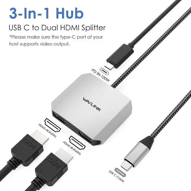 Alt view image 2 of 7 - USB C to Dual HDMI Adapter hdmi Adapter with Dual HDMI 100W PD for Mac Windows  XPS HP  Thunderbolt 3/4 Laptops