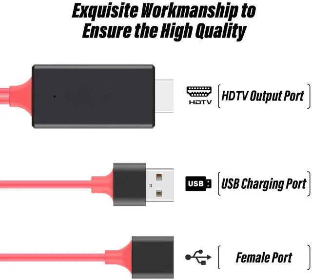 Alt view image 2 of 7 - USB to HDTV Cable Wire Dongle - HDMI Male to USB Female 1080P HDTV Mirroring Cable for Phone/Pad/S9/S8/Note 8 and More Streaming Sharing (Red)