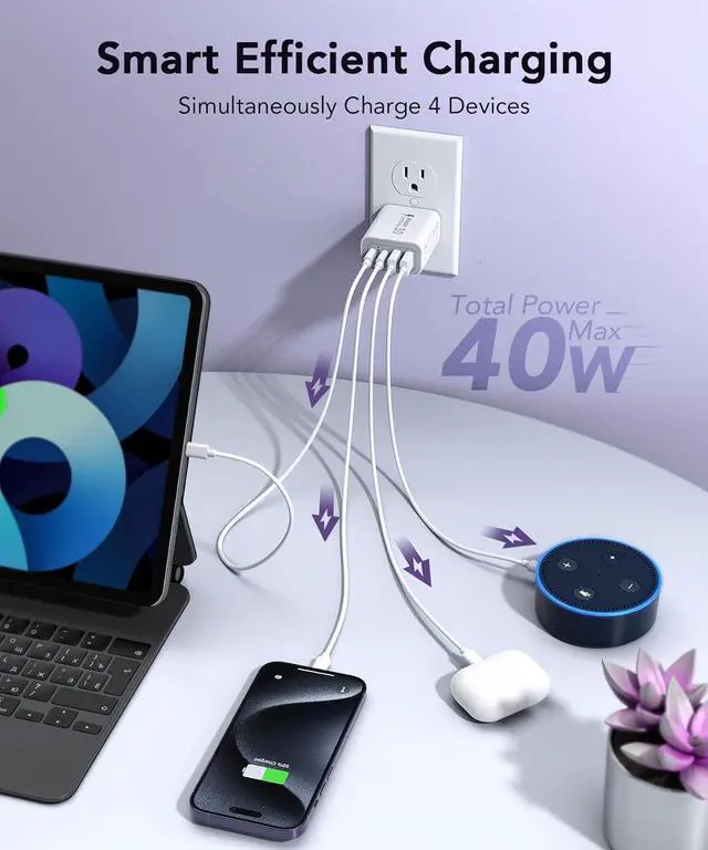 Alt view image 2 of 7 - 40W USB C Charger Block 2-Pack 4-Port Type C Fast Charging Brick Dual PD&QC Wall Plug Adapter Compatible for iPhone 15/15 Pro/ 15 Pro Max/14/13/12 iPad Airpods iwatch  Galaxy