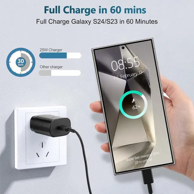 Alt view image 2 of 6 - USB C Fast Charger, 25W Samsung Charger Super Fast Charging Type C Android Phone Charger Block for Samsung Galaxy S24/S24 Ultra/S24+/S23 Ultra/S23/S23+/S22/S21/S20/Note 10/Note 20 with 6.6FT Cable
