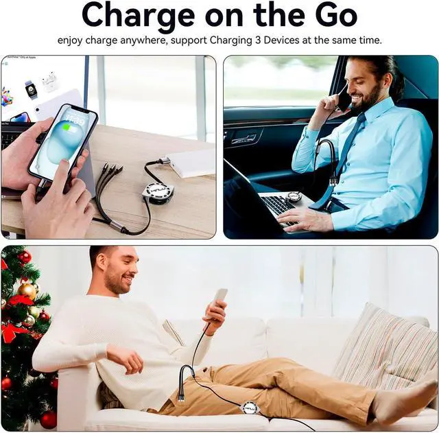 Alt view image 5 of 7 - Multi Charging Cable 4A, 2Pack 4Ft Retractable Multi Fast Charger Cable, Multiple Charging Cord, 4 in 1 Multi USB Cable with Type C/Micro USB Ports for Cell Phones/IP/Galaxy/PS/Tablets/iPads