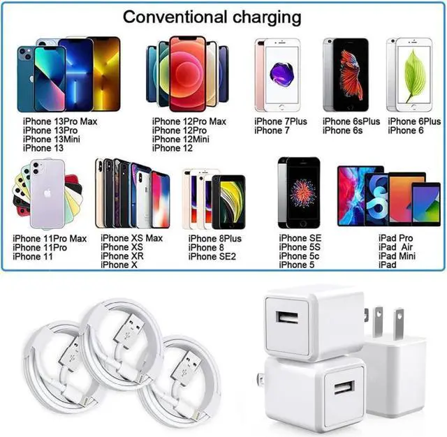 Alt view image 6 of 6 - iPhone Charger, 3PackMFi CertifiedLightning Cable Quick Fast Charging Cords and 3Pack USB Wall Charger Travel Plug Block Adapter Compatible with iPhone 14/13/12/11 Pro/Xs/XR/X/8 Plus and More