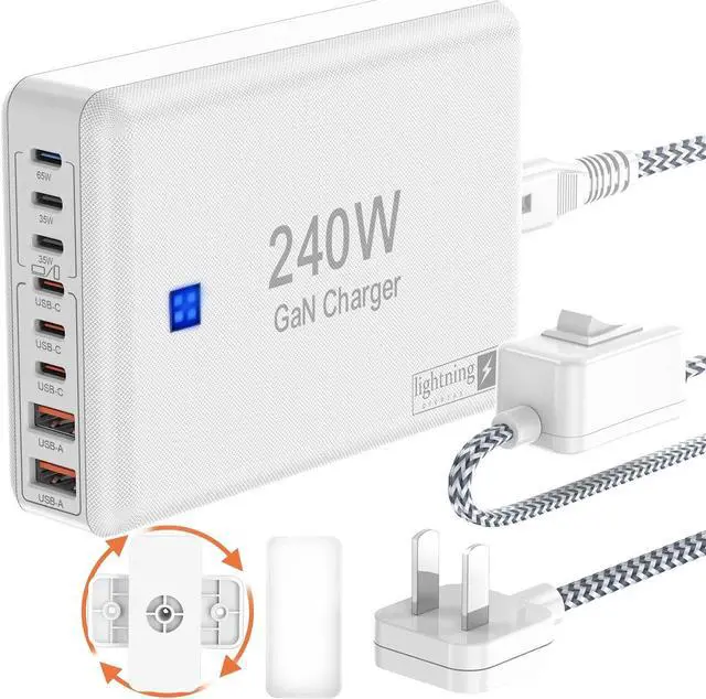 Main image of 240W Fast Charging Blocks, 8-Port Charging Station for iPhone/Ipad/MacBook, 6C2A PD GaN Charger Box, USB Tower Hub 5ft Braided Power Cord with On/Off Switch, Flat Plug, Travel Essentials