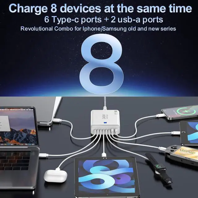 Alt view image 3 of 7 - 240W Fast Charging Blocks, 8-Port Charging Station for iPhone/Ipad/MacBook, 6C2A PD GaN Charger Box, USB Tower Hub 5ft Braided Power Cord with On/Off Switch, Flat Plug, Travel Essentials