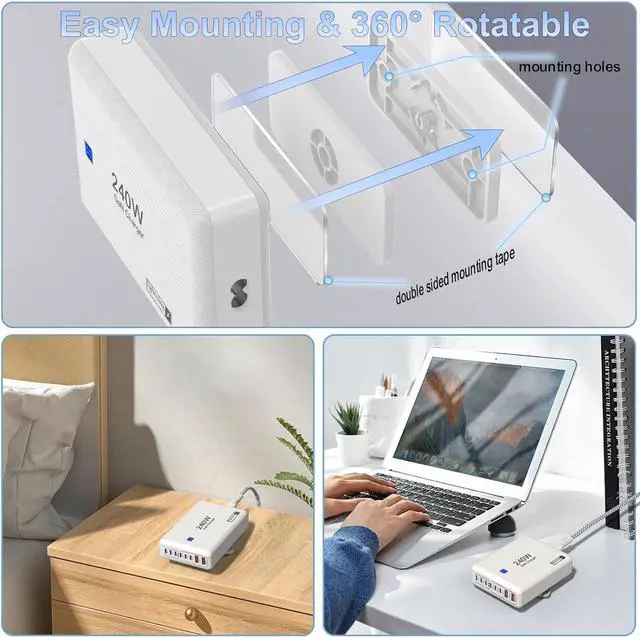 Alt view image 5 of 7 - 240W Fast Charging Blocks, 8-Port Charging Station for iPhone/Ipad/MacBook, 6C2A PD GaN Charger Box, USB Tower Hub 5ft Braided Power Cord with On/Off Switch, Flat Plug, Travel Essentials