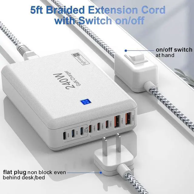 Alt view image 6 of 7 - 240W Fast Charging Blocks, 8-Port Charging Station for iPhone/Ipad/MacBook, 6C2A PD GaN Charger Box, USB Tower Hub 5ft Braided Power Cord with On/Off Switch, Flat Plug, Travel Essentials