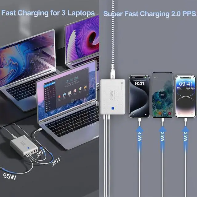 Alt view image 7 of 7 - 240W Fast Charging Blocks, 8-Port Charging Station for iPhone/Ipad/MacBook, 6C2A PD GaN Charger Box, USB Tower Hub 5ft Braided Power Cord with On/Off Switch, Flat Plug, Travel Essentials