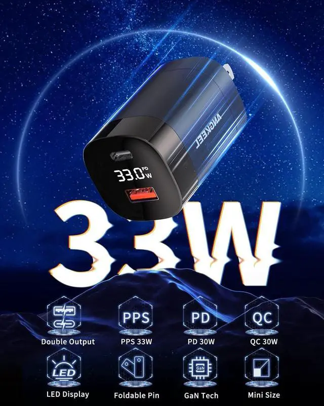 Alt view image 2 of 7 - 33W USB C Wall Charger ANGKEEL Dual Port 30W Adapter GaN Type-C Block with LED Power Display, PD/PPS/QC 4.0 Fast Charging, Foldable Plug for iPhone 15 Pro Max/14/13, Samsung S23/S22, Pixel 7, iPad Air