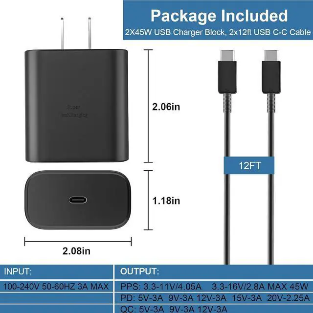Alt view image 7 of 7 - 45W Samsung Super Fast Charger USB C, 45 Watt USB C Charger Block with 12FT Android Phone Fast Charging Cable Cord for Samsung Galaxy S24 Ultra/S24/S24+/S23 Ultra/S23/S23+/S22 Ultra/S22/S21/S20