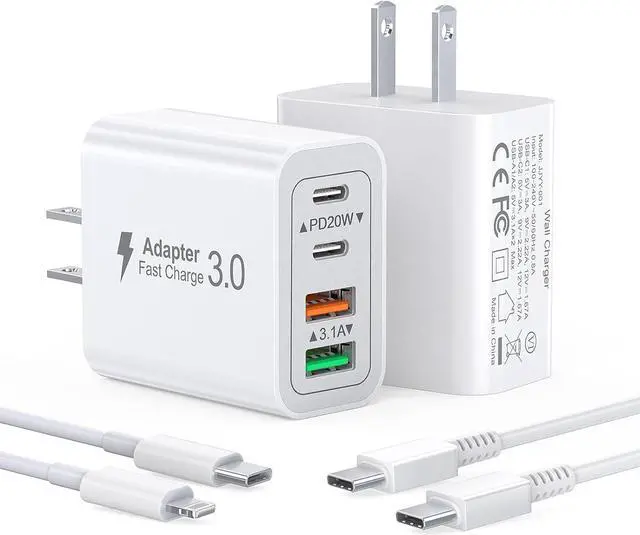 Main image of 2 Pack USB C Charger 40W 4-Port Fast USB C Wall Charger Block Dual Port PD+QC Plug Multiport Charging Block for iPhone15 14 13 12 11 Pro Max XS XR 8 7 iPad  Tablet(with 2Pack 6.6ft Cable)