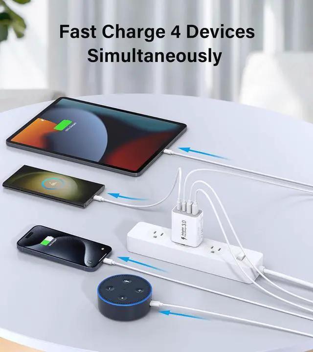 Alt view image 2 of 7 - 2 Pack USB C Charger 40W 4-Port Fast USB C Wall Charger Block Dual Port PD+QC Plug Multiport Charging Block for iPhone15 14 13 12 11 Pro Max XS XR 8 7 iPad  Tablet(with 2Pack 6.6ft Cable)