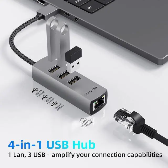 Alt view image 2 of 7 - WALNEW USB 3.0 Ethernet Adapter, 4-in-1 USB Hub with 3 USB-A Data Ports and 1 Gigabit RJ45 Network, Multiport USB Splitter for Laptop,PC,MacBook Pro/Air 2015,Surface,Dell XPS,Chromebook,Thinkpad