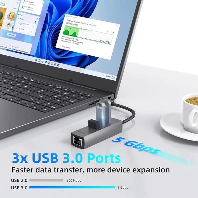 Alt view image 4 of 7 - WALNEW USB 3.0 Ethernet Adapter, 4-in-1 USB Hub with 3 USB-A Data Ports and 1 Gigabit RJ45 Network, Multiport USB Splitter for Laptop,PC,MacBook Pro/Air 2015,Surface,Dell XPS,Chromebook,Thinkpad