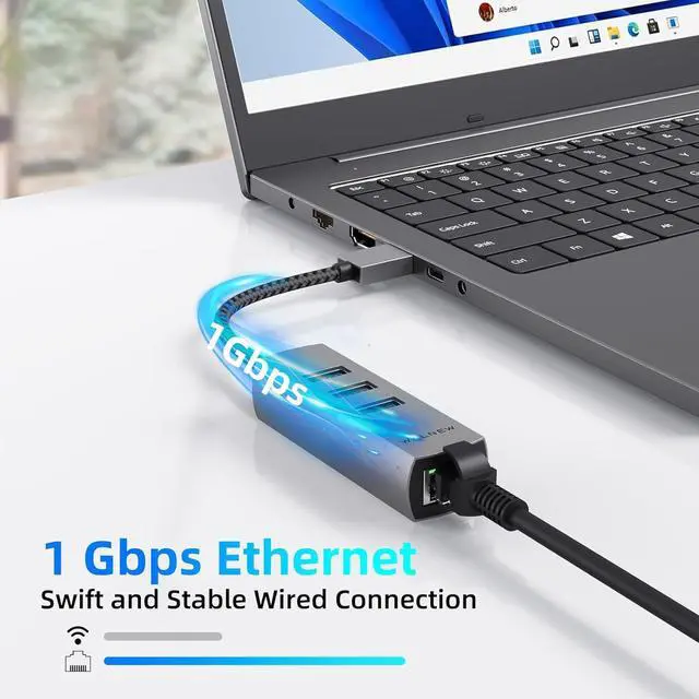 Alt view image 3 of 7 - WALNEW USB 3.0 Ethernet Adapter, 4-in-1 USB Hub with 3 USB-A Data Ports and 1 Gigabit RJ45 Network, Multiport USB Splitter for Laptop,PC,MacBook Pro/Air 2015,Surface,Dell XPS,Chromebook,Thinkpad