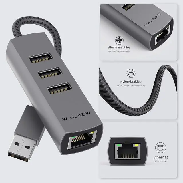 Alt view image 6 of 7 - WALNEW USB 3.0 Ethernet Adapter, 4-in-1 USB Hub with 3 USB-A Data Ports and 1 Gigabit RJ45 Network, Multiport USB Splitter for Laptop,PC,MacBook Pro/Air 2015,Surface,Dell XPS,Chromebook,Thinkpad