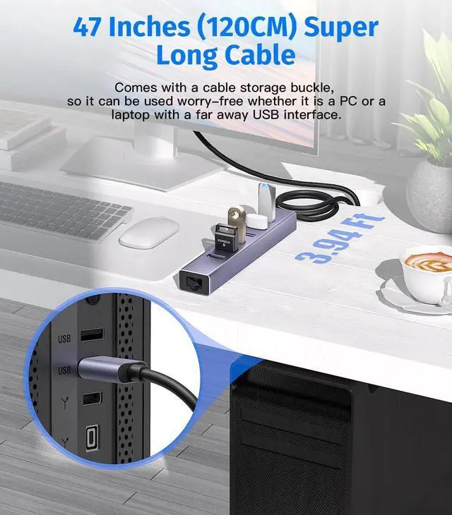 Alt view image 2 of 7 - USB 3.0 Hub, 8-in-1 USB to Network HUB with 6 USB 3.0 Data Transmission, Gigabit Ethernet Port and 5V/3A Power Adapter USB Aluminum Extension for Laptop, iMac, PC, USB Flash Drives etc