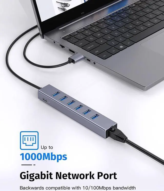 Alt view image 5 of 7 - USB 3.0 Hub, 8-in-1 USB to Network HUB with 6 USB 3.0 Data Transmission, Gigabit Ethernet Port and 5V/3A Power Adapter USB Aluminum Extension for Laptop, iMac, PC, USB Flash Drives etc