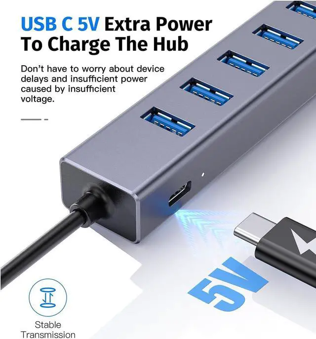 Alt view image 6 of 7 - USB 3.0 Hub, 8-in-1 USB to Network HUB with 6 USB 3.0 Data Transmission, Gigabit Ethernet Port and 5V/3A Power Adapter USB Aluminum Extension for Laptop, iMac, PC, USB Flash Drives etc
