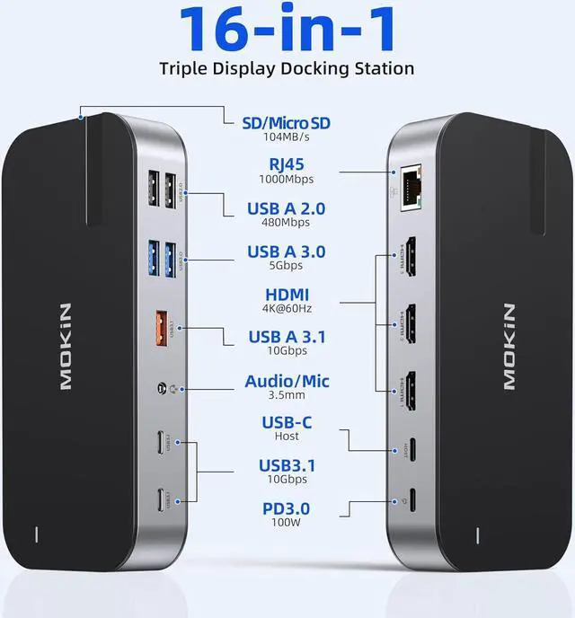 Alt view image 2 of 7 - Laptop Docking Station,16 in 1 Docking Station USB C Dock Triple Monitor,USB C Docking Station with 3 HDMI,PD 100W, USB 3.1/3.0/2.0,RJ 45 Ethernet,SD/TF,Audio for Dell/h P/Lenovo,Matte Black