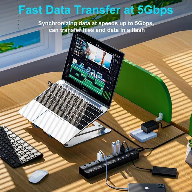 Alt view image 2 of 7 - Powered USB Hub 10-Port USB Splitter with Individual LED ON/Off Switches USB Hub 3.0 with 12V 2A Power Adapter for PC Laptop MacBook Mac Pro