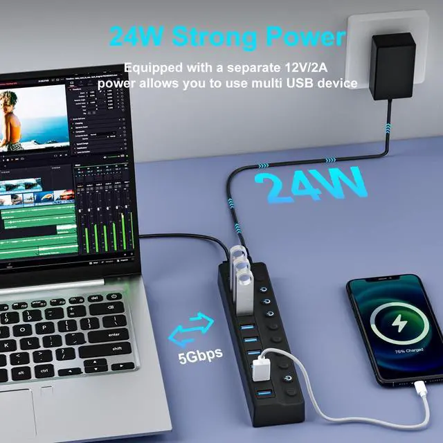 Alt view image 3 of 7 - Powered USB Hub 10-Port USB Splitter with Individual LED ON/Off Switches USB Hub 3.0 with 12V 2A Power Adapter for PC Laptop MacBook Mac Pro