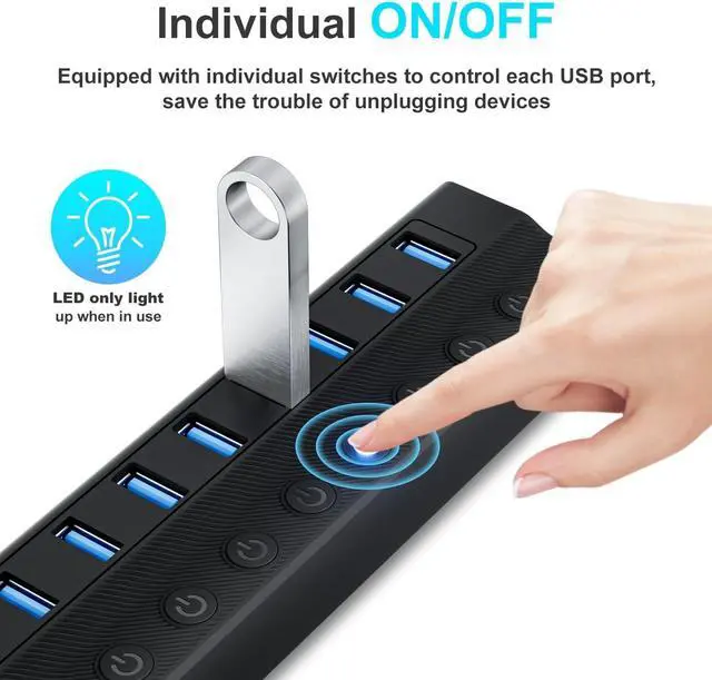 Alt view image 4 of 7 - Powered USB Hub 10-Port USB Splitter with Individual LED ON/Off Switches USB Hub 3.0 with 12V 2A Power Adapter for PC Laptop MacBook Mac Pro