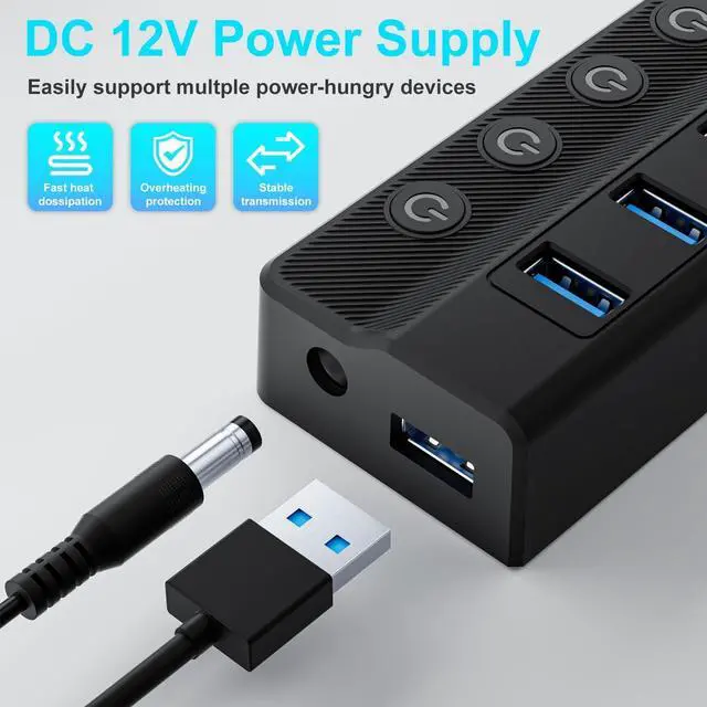 Alt view image 5 of 7 - Powered USB Hub 10-Port USB Splitter with Individual LED ON/Off Switches USB Hub 3.0 with 12V 2A Power Adapter for PC Laptop MacBook Mac Pro
