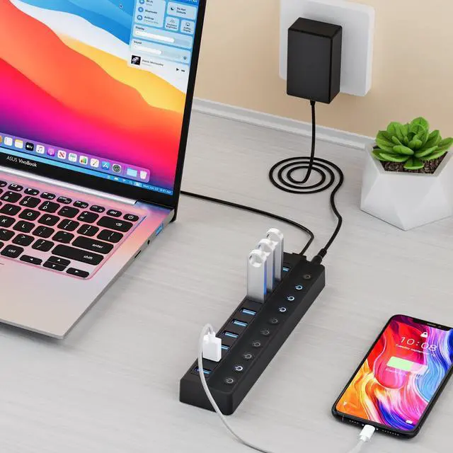 Alt view image 7 of 7 - Powered USB Hub 10-Port USB Splitter with Individual LED ON/Off Switches USB Hub 3.0 with 12V 2A Power Adapter for PC Laptop MacBook Mac Pro