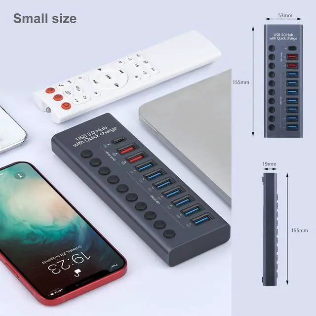 Alt view image 5 of 7 - Aluminum USB 3.0 hub with Charging Function, Power Adapter,Individual Power swiches (Silver Gray-10 Ports)
