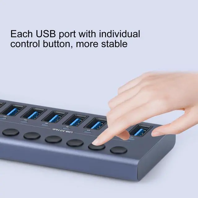 Alt view image 3 of 7 - Aluminum USB 3.0 hub with Charging Function, Power Adapter,Individual Power swiches (Silver Gray-10 Ports)