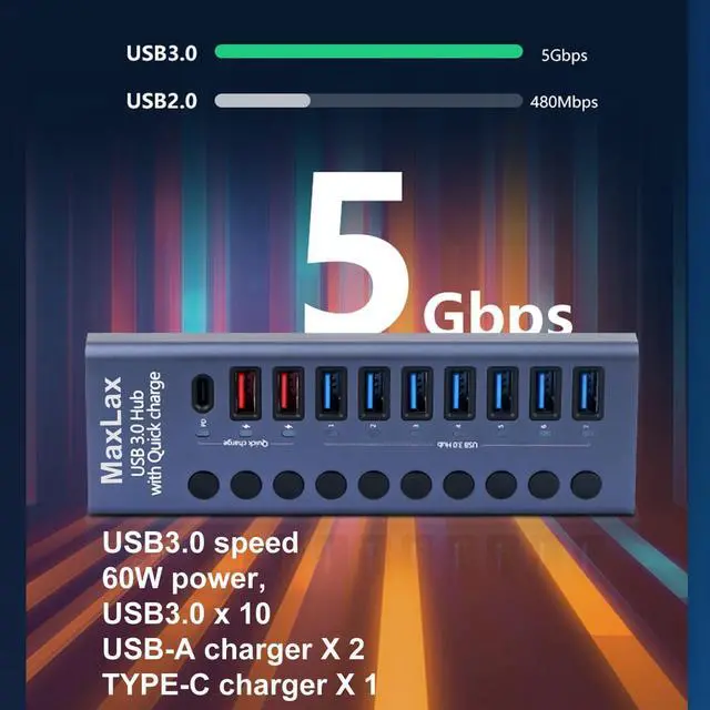 Alt view image 4 of 7 - Aluminum USB 3.0 hub with Charging Function, Power Adapter,Individual Power swiches (Silver Gray-10 Ports)