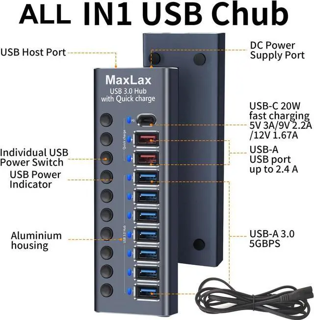 Alt view image 7 of 7 - Aluminum USB 3.0 hub with Charging Function, Power Adapter,Individual Power swiches (Silver Gray-10 Ports)