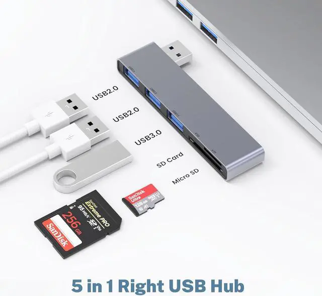 Alt view image 2 of 6 - Fidioto USB A Hub, Left Model 5-in-1 Adapter with 1 USB3.0 &2 USB2.0 & Micro SD/TF Card Reader, Compatible for Laptop MacBook, Chromebook, Dell, HP, Samsung, Keyboard, Mouse Etc.