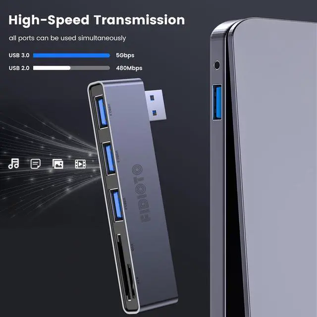 Alt view image 5 of 6 - Fidioto USB A Hub, Left Model 5-in-1 Adapter with 1 USB3.0 &2 USB2.0 & Micro SD/TF Card Reader, Compatible for Laptop MacBook, Chromebook, Dell, HP, Samsung, Keyboard, Mouse Etc.