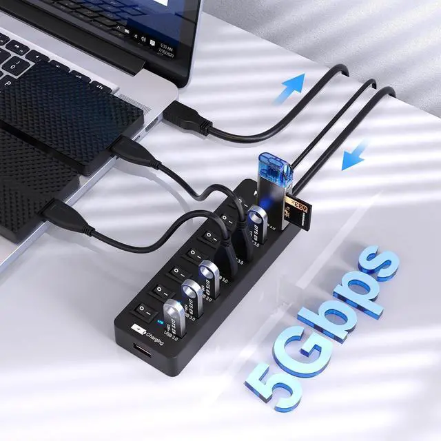 Alt view image 2 of 7 - Powered USB Hub 3.0,VEMONT 7 Ports Multi USB hubs and 1 USB Smart Charging Port with 5V/3A Power Supply,USB Extension Splitter with Individual On/Off Switches and 4ft/1.2m Long Cable for PC/Laptop