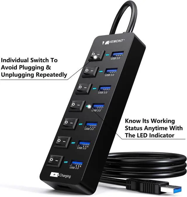 Alt view image 4 of 7 - Powered USB Hub 3.0,VEMONT 7 Ports Multi USB hubs and 1 USB Smart Charging Port with 5V/3A Power Supply,USB Extension Splitter with Individual On/Off Switches and 4ft/1.2m Long Cable for PC/Laptop