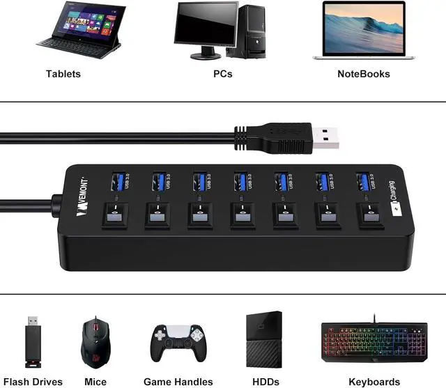 Alt view image 5 of 7 - Powered USB Hub 3.0,VEMONT 7 Ports Multi USB hubs and 1 USB Smart Charging Port with 5V/3A Power Supply,USB Extension Splitter with Individual On/Off Switches and 4ft/1.2m Long Cable for PC/Laptop