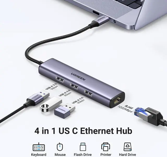 Alt view image 2 of 7 - UGREEN USB C to Ethernet Adapter, 4 in 1 USB C Hub Ethernet with 3 USB 3.0 Ports/Gigabit Rj45, Plug & Play, Thunderbolt (3/4) to Network Adapter for MacBook Pro/Air, XPS, iPad Pro, iPhone 15 Pro/Max