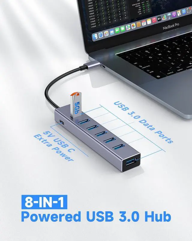 Alt view image 2 of 7 - USB C to USB Hub, 8 Ports USB 3.0 Adapter with 7 USB 3.0 Data Ports,USB C Splitter with USB C 5V/3a Extra Power, 7.9IN/20CM Main Cable USB HUB, USB Extension for Laptop and PC