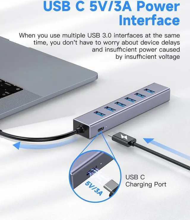 Alt view image 3 of 7 - USB C to USB Hub, 8 Ports USB 3.0 Adapter with 7 USB 3.0 Data Ports,USB C Splitter with USB C 5V/3a Extra Power, 7.9IN/20CM Main Cable USB HUB, USB Extension for Laptop and PC