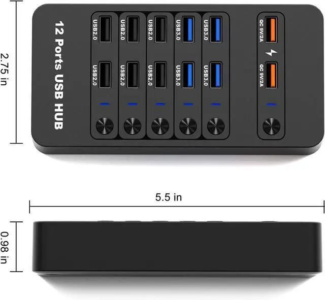Alt view image 4 of 6 - 12 Ports Powered USB 3.0 HubArector 12 in 1 USB Splitter Hub with 2 Smart Charging Ports, 10 USB A Ports, Individual On/Off Switches, USB 3.0 5Gbps High Speed Transfer, USB Hub for Laptop,Mac,PC