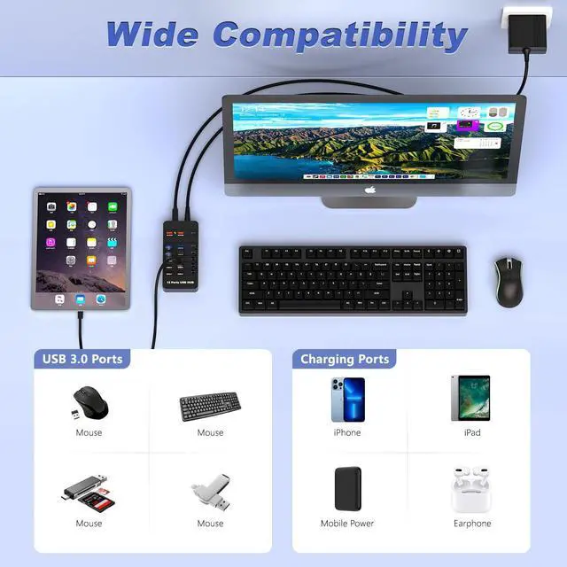 Alt view image 6 of 6 - 12 Ports Powered USB 3.0 HubArector 12 in 1 USB Splitter Hub with 2 Smart Charging Ports, 10 USB A Ports, Individual On/Off Switches, USB 3.0 5Gbps High Speed Transfer, USB Hub for Laptop,Mac,PC