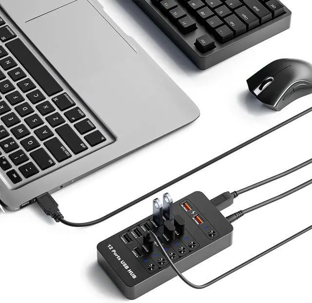 Alt view image 5 of 6 - 12 Ports Powered USB 3.0 HubArector 12 in 1 USB Splitter Hub with 2 Smart Charging Ports, 10 USB A Ports, Individual On/Off Switches, USB 3.0 5Gbps High Speed Transfer, USB Hub for Laptop,Mac,PC
