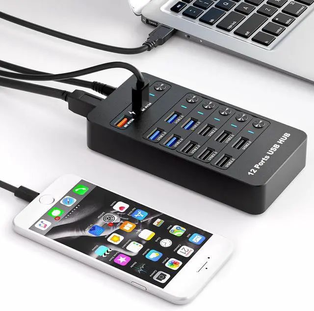 Alt view image 3 of 6 - 12 Ports Powered USB 3.0 HubArector 12 in 1 USB Splitter Hub with 2 Smart Charging Ports, 10 USB A Ports, Individual On/Off Switches, USB 3.0 5Gbps High Speed Transfer, USB Hub for Laptop,Mac,PC