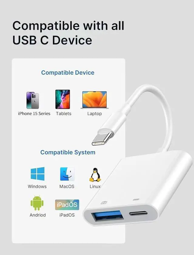 Alt view image 6 of 7 - USB C to USB Camera Adapter for iPhone 16 Portable USB C Male to Female USB OTG with Fast Charging Port for iPhone 16/16 Pro/16 Pro Max/15/15 Pro/15 Pro Max iPad Pro to USB Flash Drive/Keyboard/Mouse